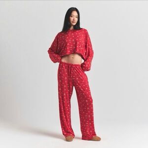 Skims Sleep Pajama Pants Cranberry Vintage Deer Print Size XS